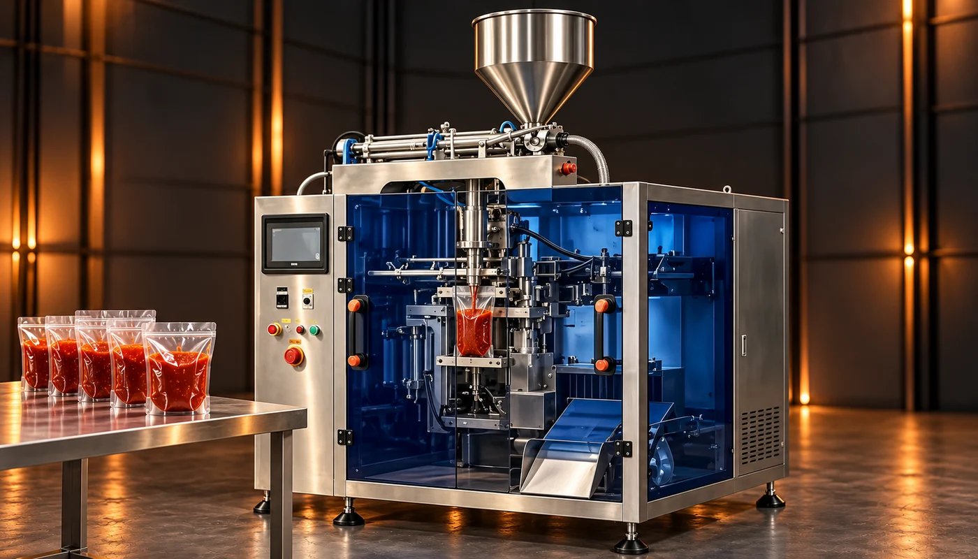 Illustrated piston filling setup with tomato sauce in plain premade pouches