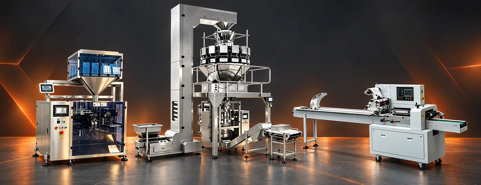 Equipment range composition showing premade pouch, multihead vertical packaging and horizontal flow wrapping configurations