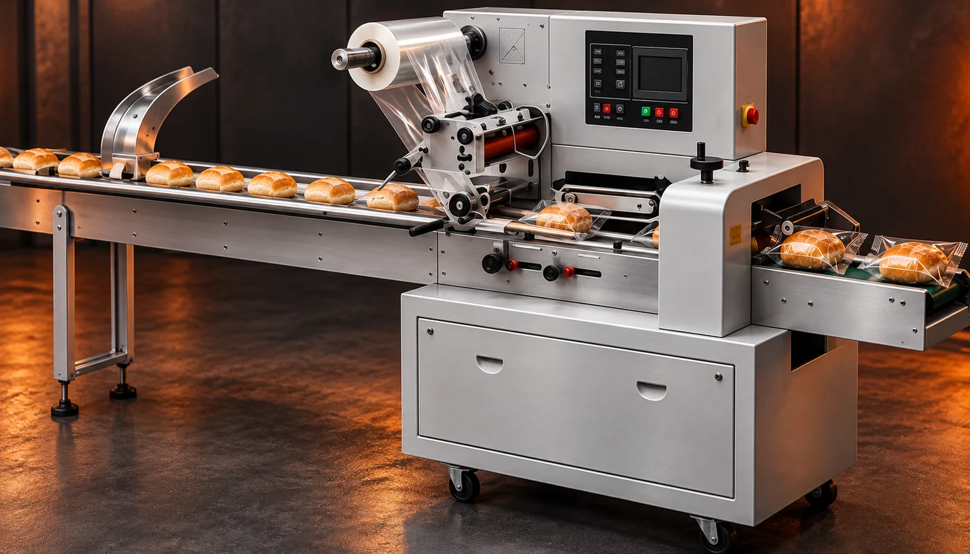 Illustrated upper-film flow wrapping process with individually wrapped bread rolls
