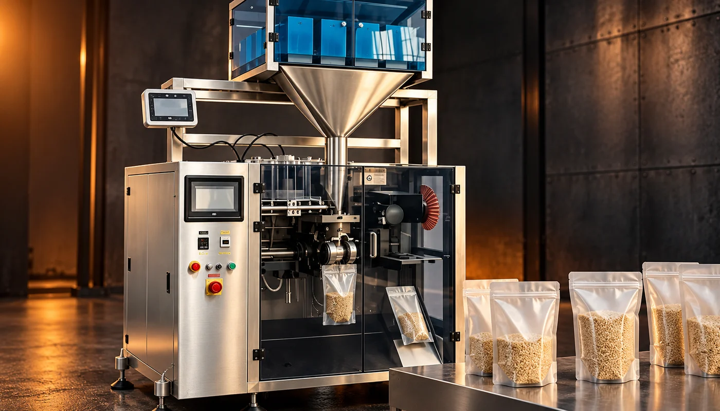 Illustrated premade pouch filling setup with stand-up grain pouches